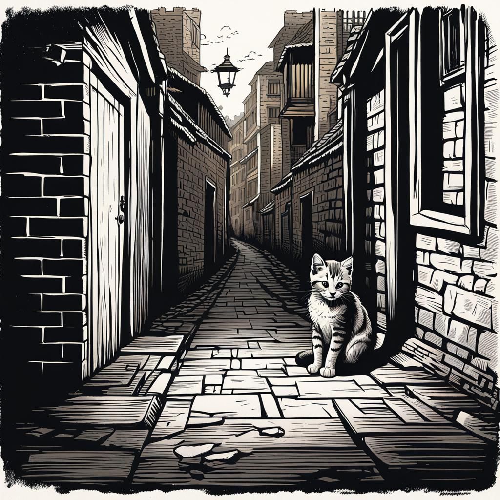 Tabby Kitten in Alleyway: a Vintage Illustration