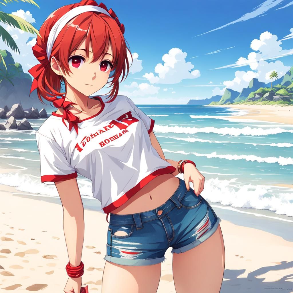 Cute Manga Girl with Red Headband on Beach