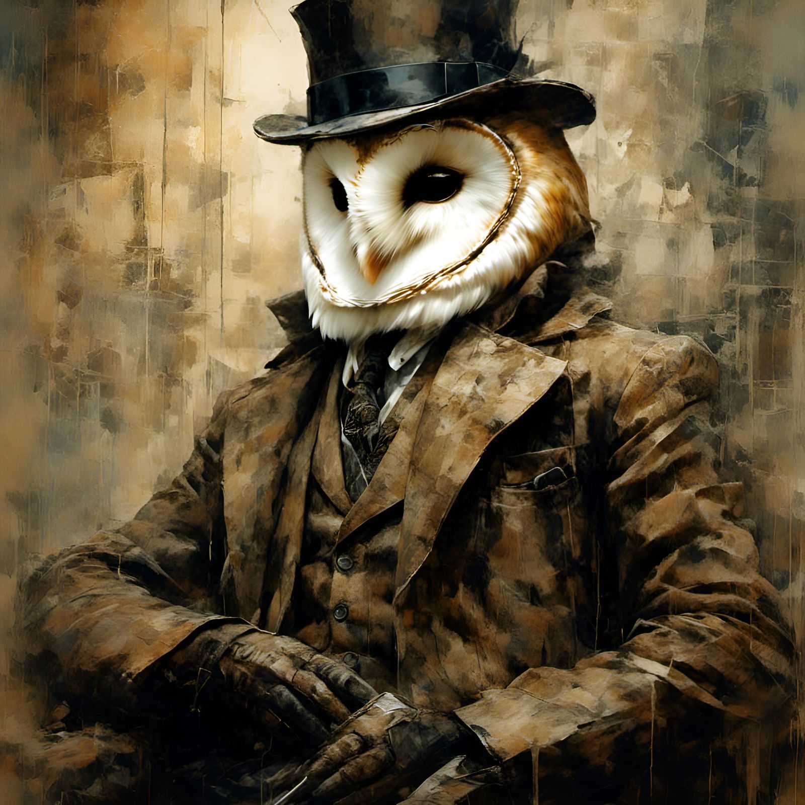 Barn Owl Detective in Jazzy Lounge, Expressive Brushwork
