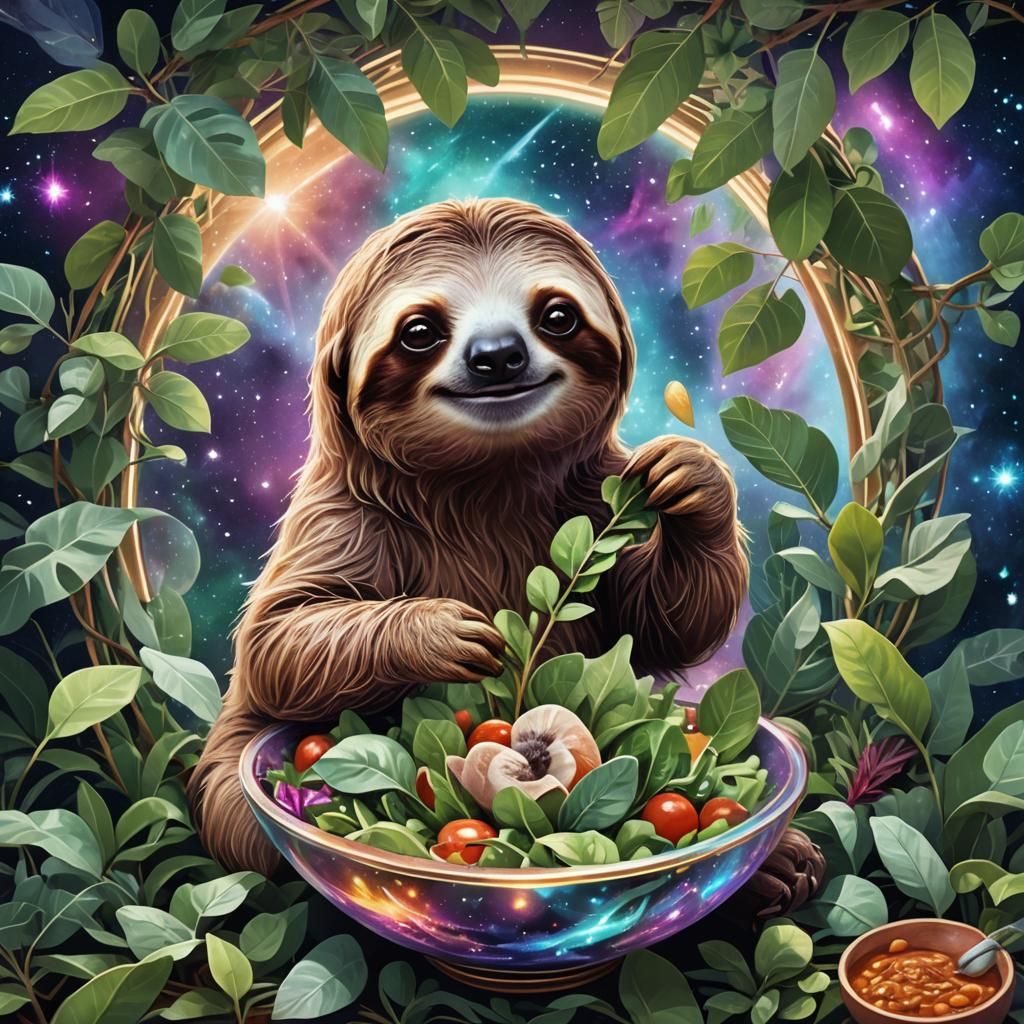 Sloth Eating Eucalyptus Leaves: Cosmic Illustration