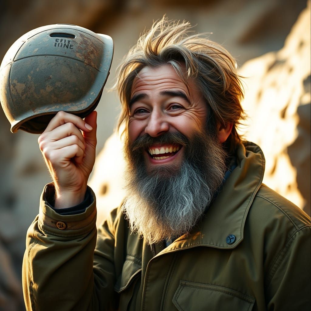 Delighted Geologist Smiles in Golden Light