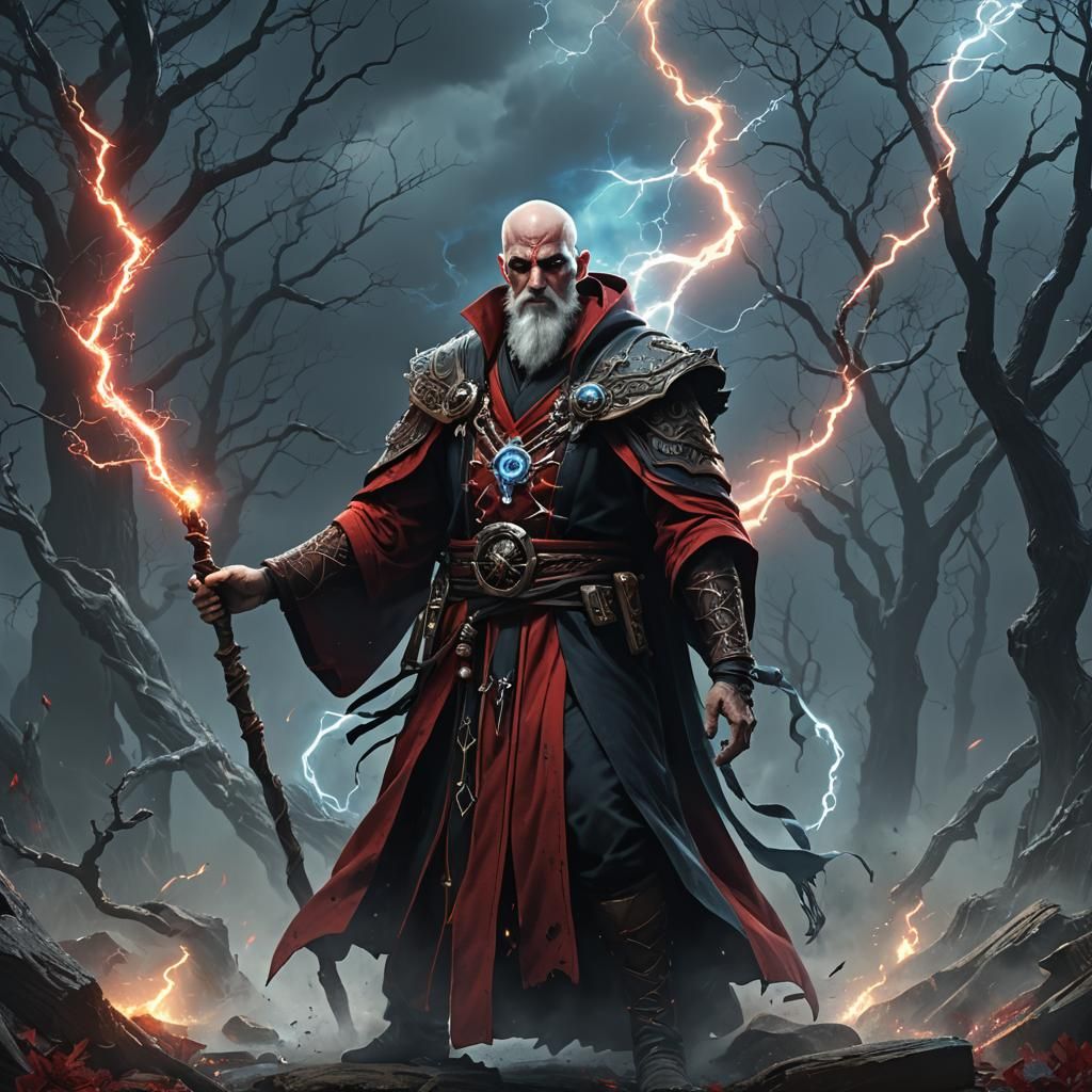 Necromancer Wielding Lightning Staff: Fantasy Concept Art