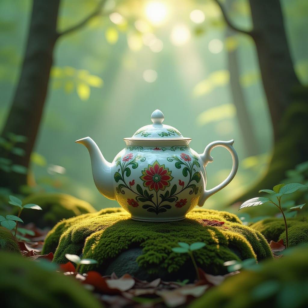 Surreal Teapot in Dreamy Forest Clearing
