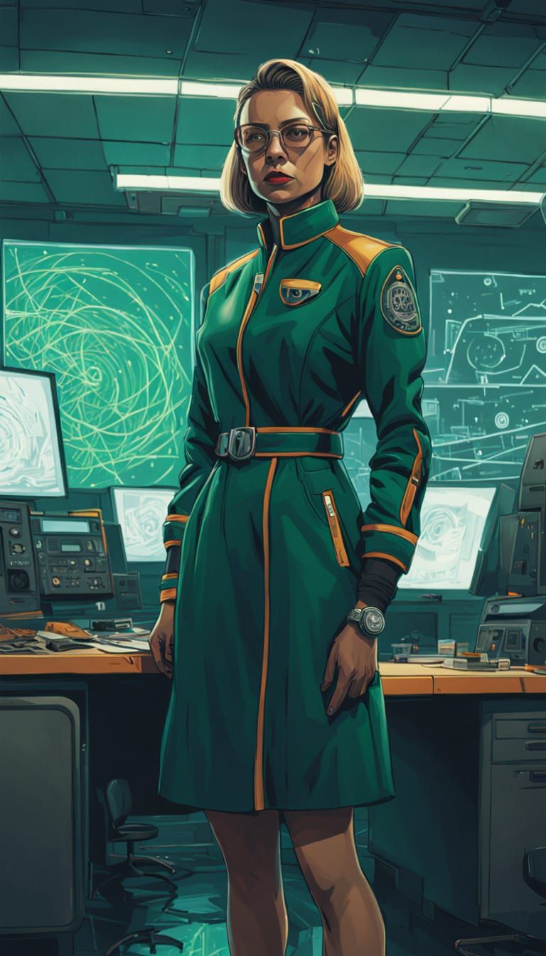 Woman in Chaotic Office in Synthwave Neon Style