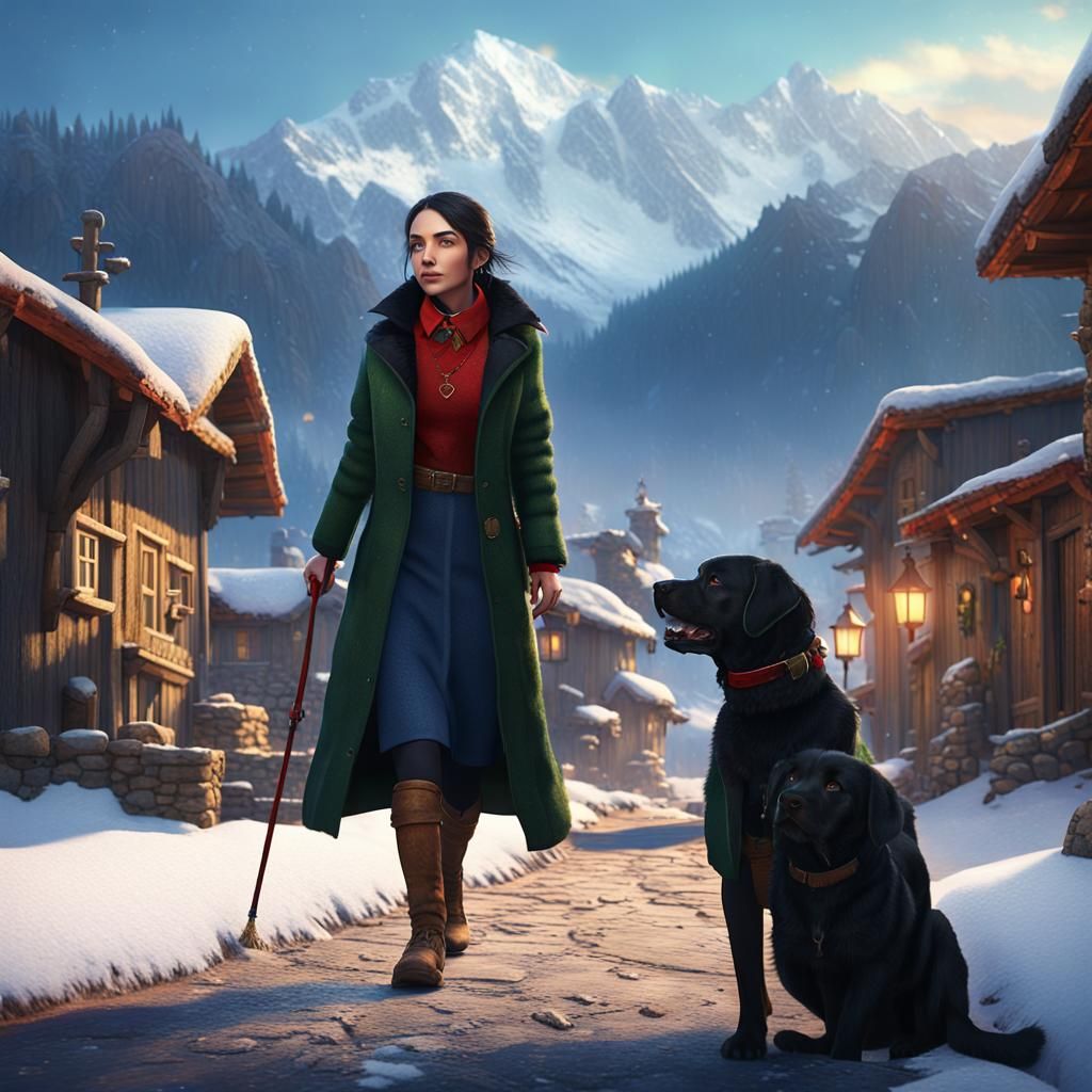 Girl and Dog in Mountain Village: Matte Painting