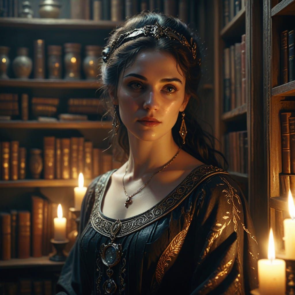 Hecate Portrait in Apothecary: Mystic Realism Oil Painting