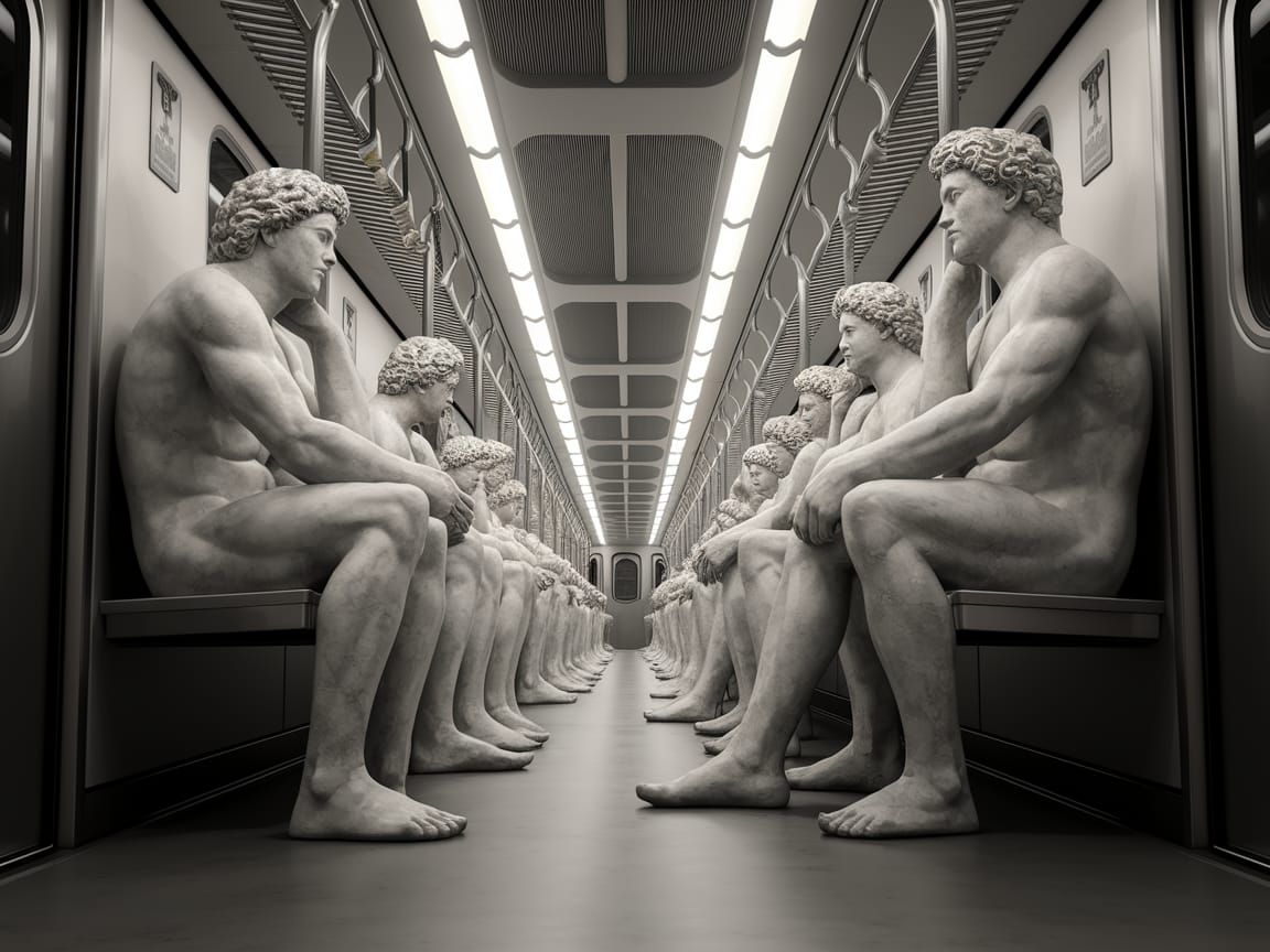 Greek Marble Statues Commute in Bustling Subway