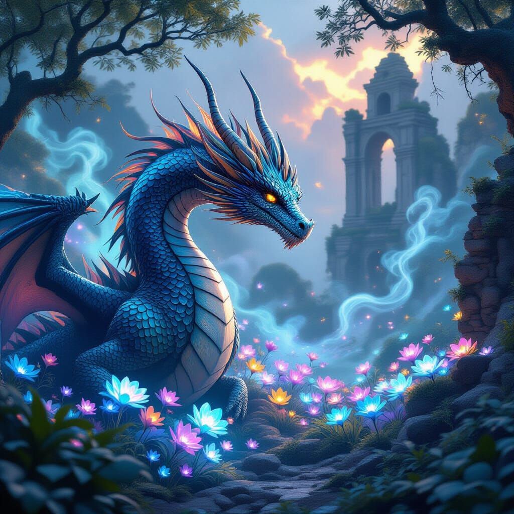 Dragon Guarding Bioluminescent Grove as Concept Art