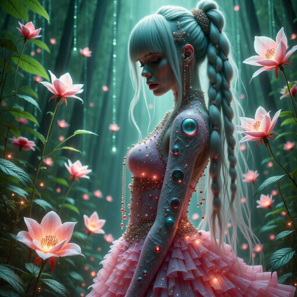 Cyborg Queen in Bioluminescent Garden, Digital Art