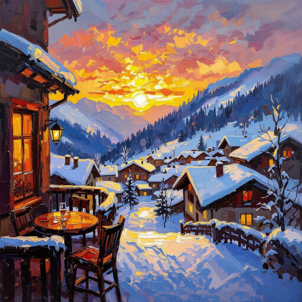 Sunset Over Swiss Alps Village Oil Painting