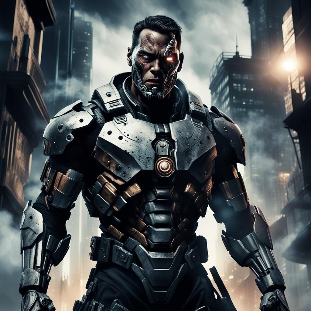 Cyborg Assassin in Dystopian Cityscape: Comic Book Style