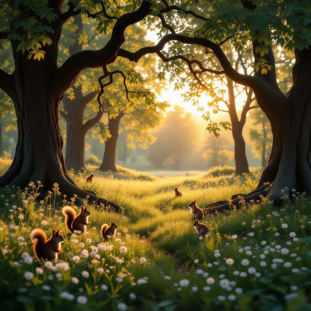 Sunset Forest Clearing with Wildlife and Arching Trees