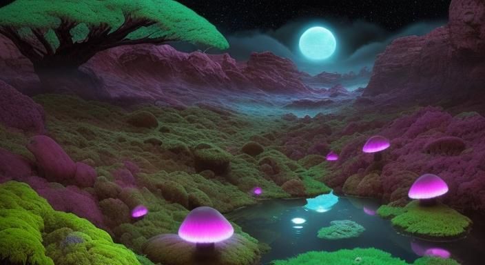 Strange Alien Planet with Bioluminescent Mushrooms
