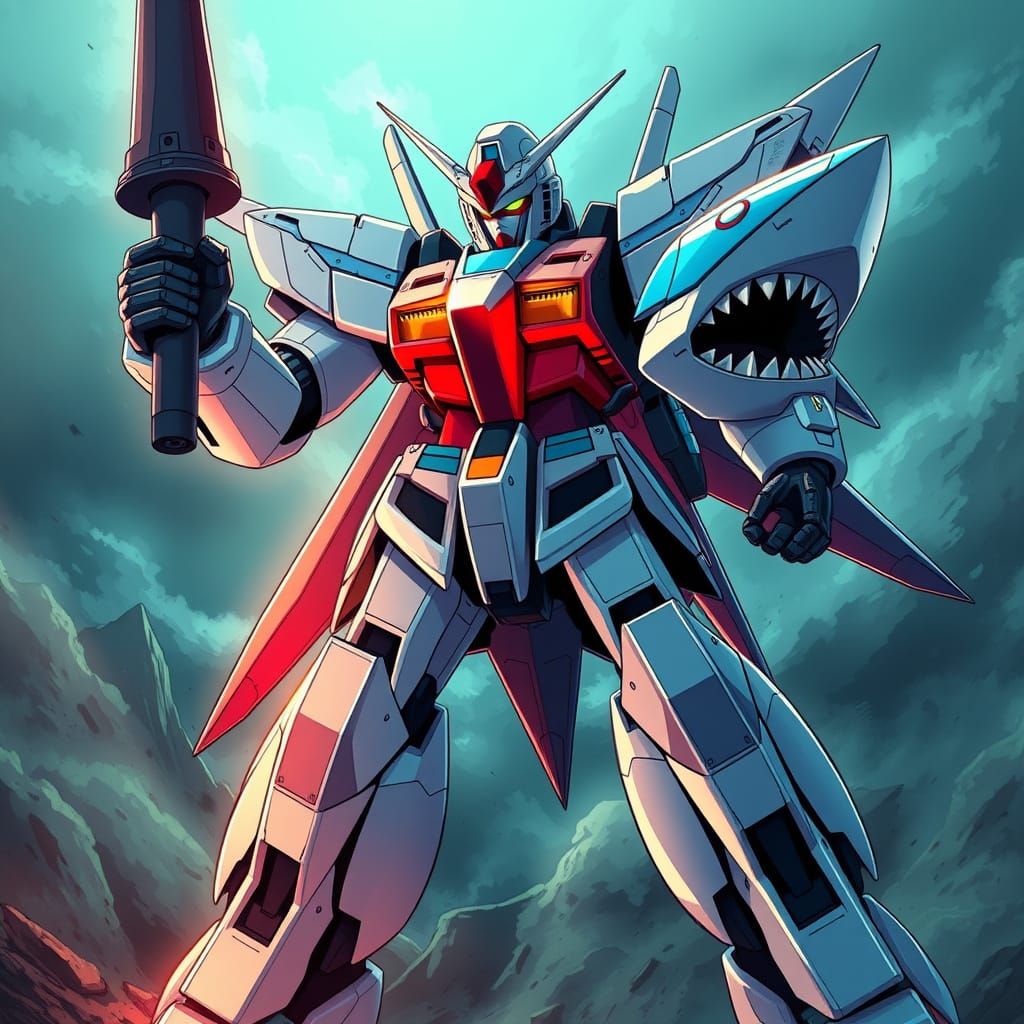 Gundam Shark Mecha in Vibrant Anime Style