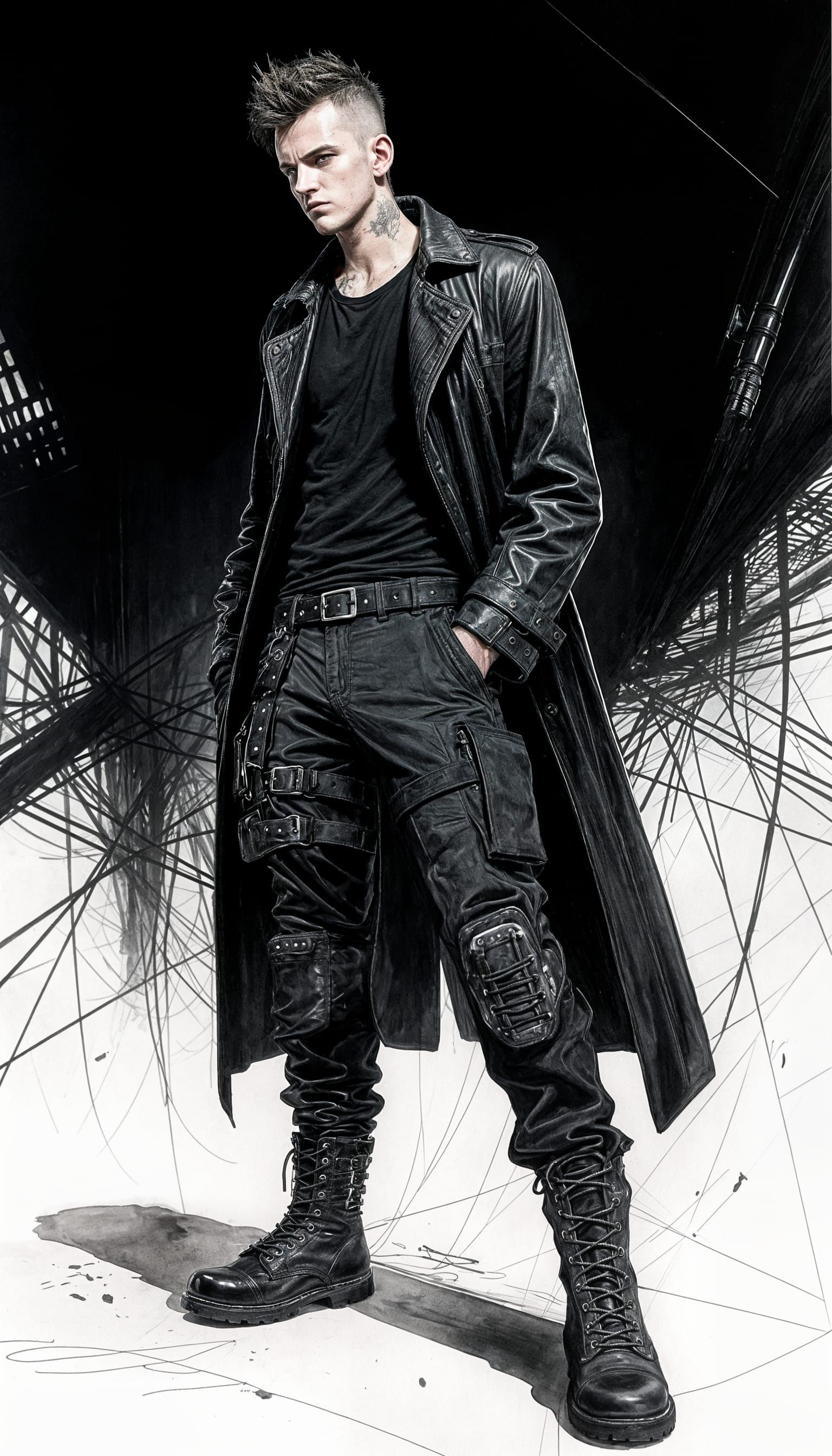 Punk Character in Chiaroscuro Ink and Watercolour Style