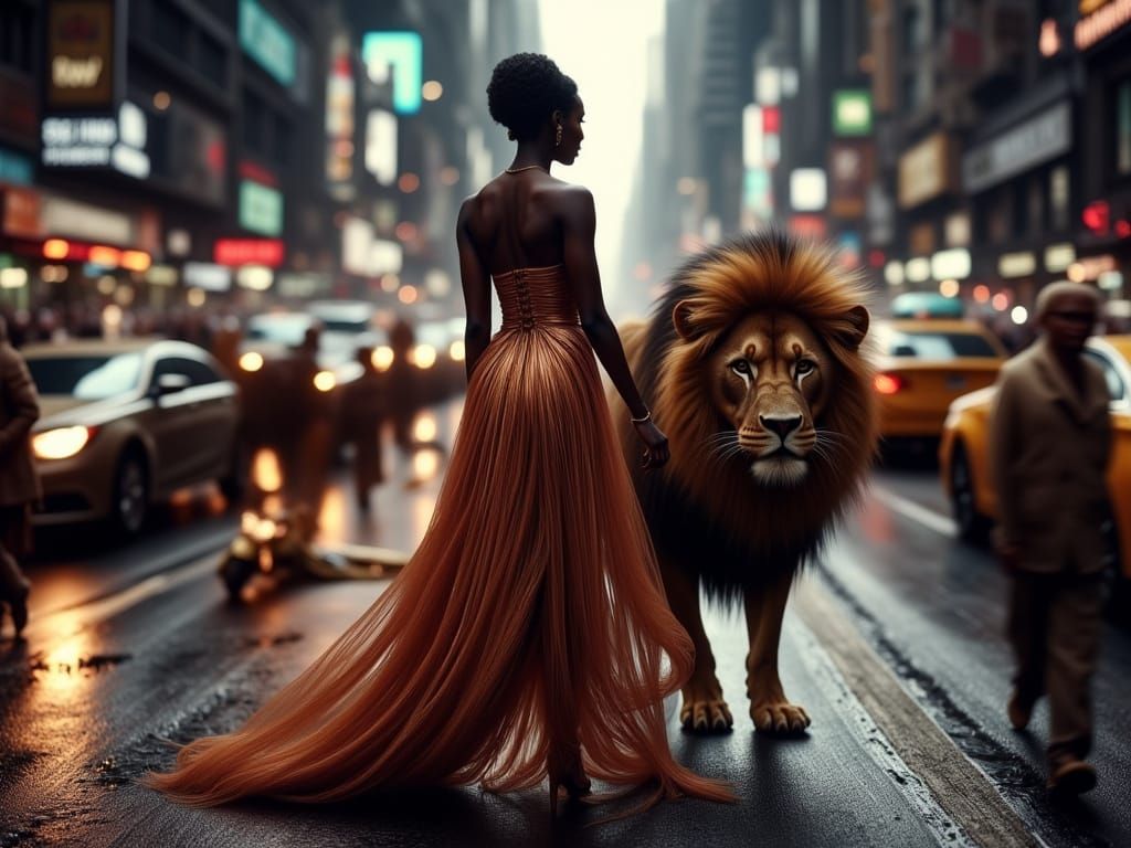 Black Woman and Lion in Futuristic New York