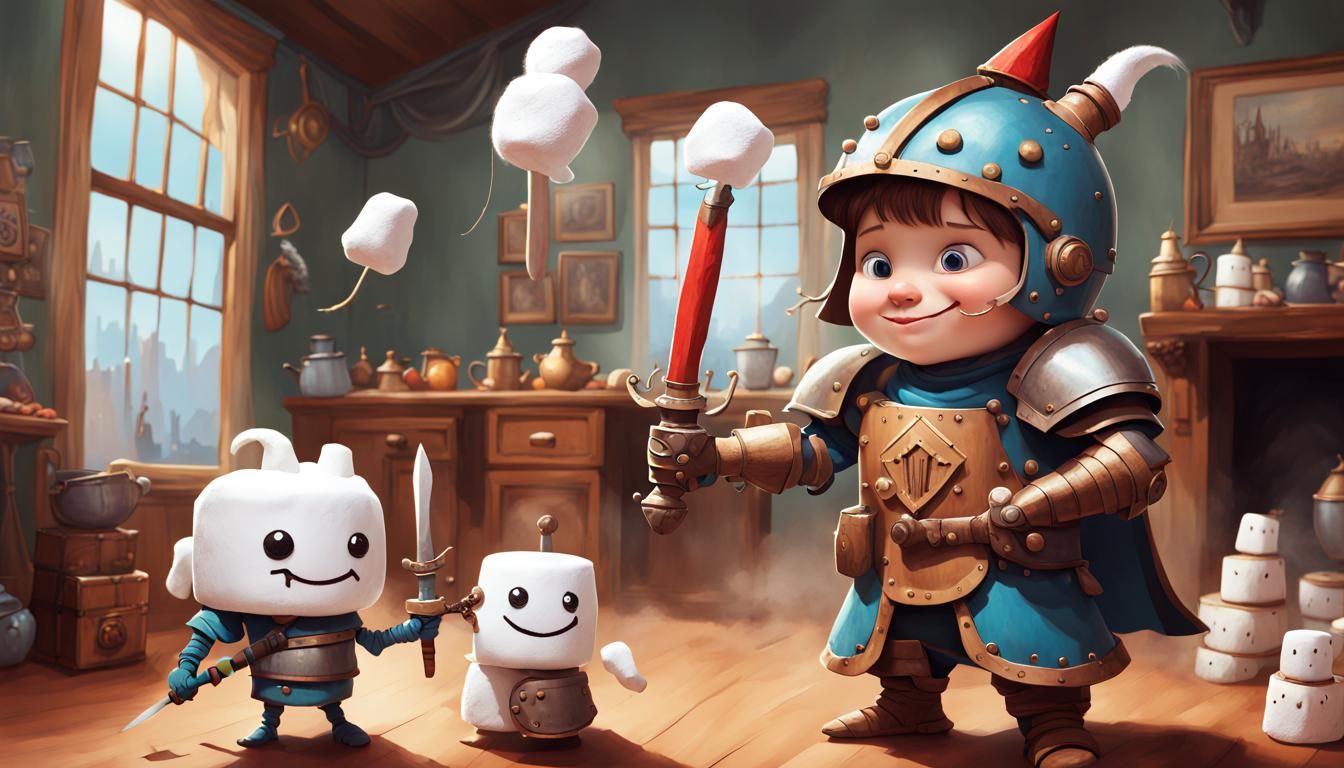 Whimsical Knight Battles Marshmallow Monsters