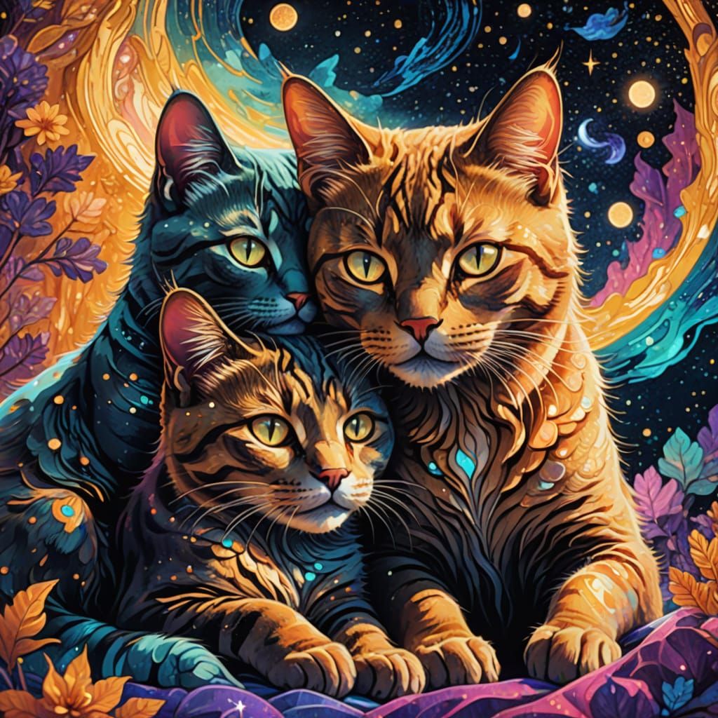 Mystical Cats Cuddle Puddle in Cosmic Style