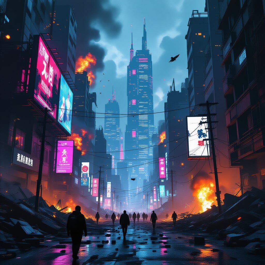 Cyberpunk City Ruins with Neon Skyscrapers