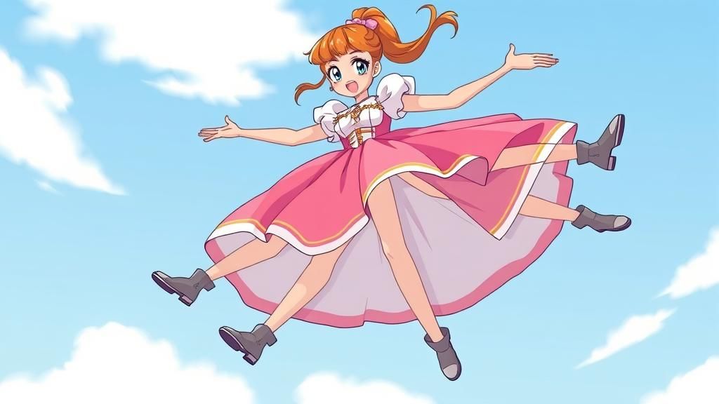 Cartoon Woman Parachuting with Princess Dress in Anime Style