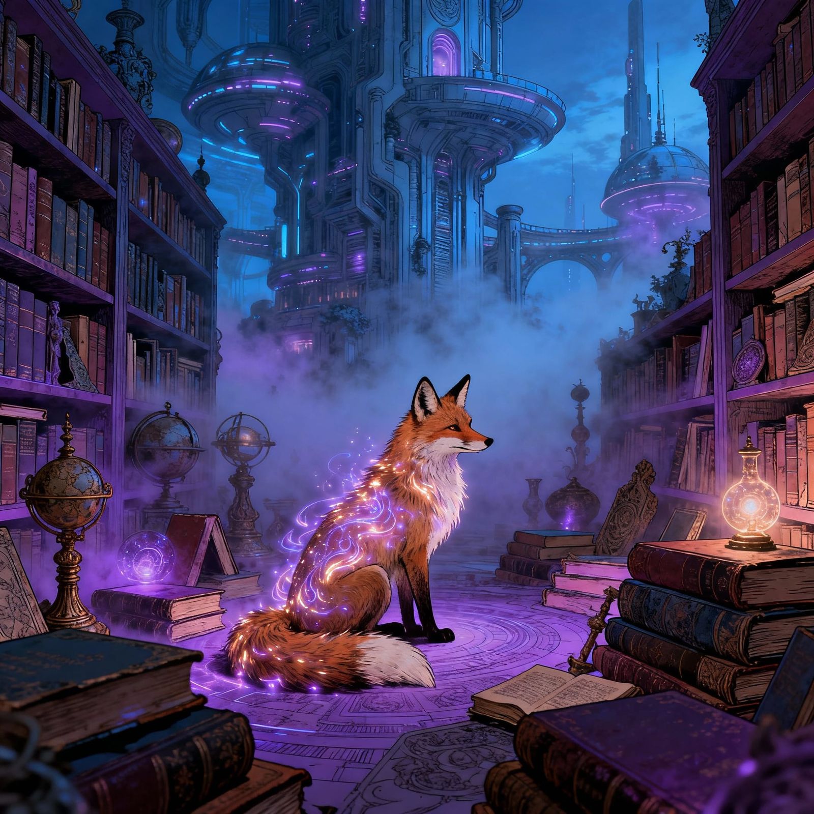 Arcane Fox in a Magical Library of Forgotten Books