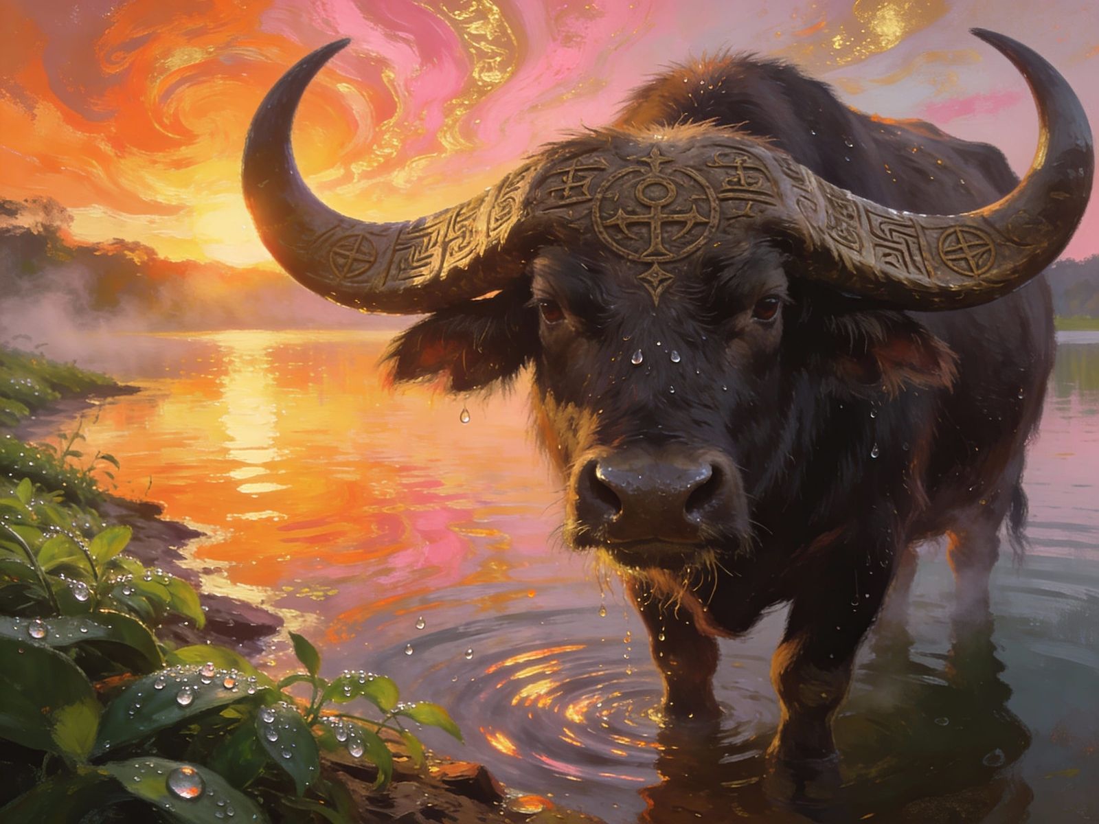 Majestic Buffalo at Sunrise Reflection in Painterly Style
