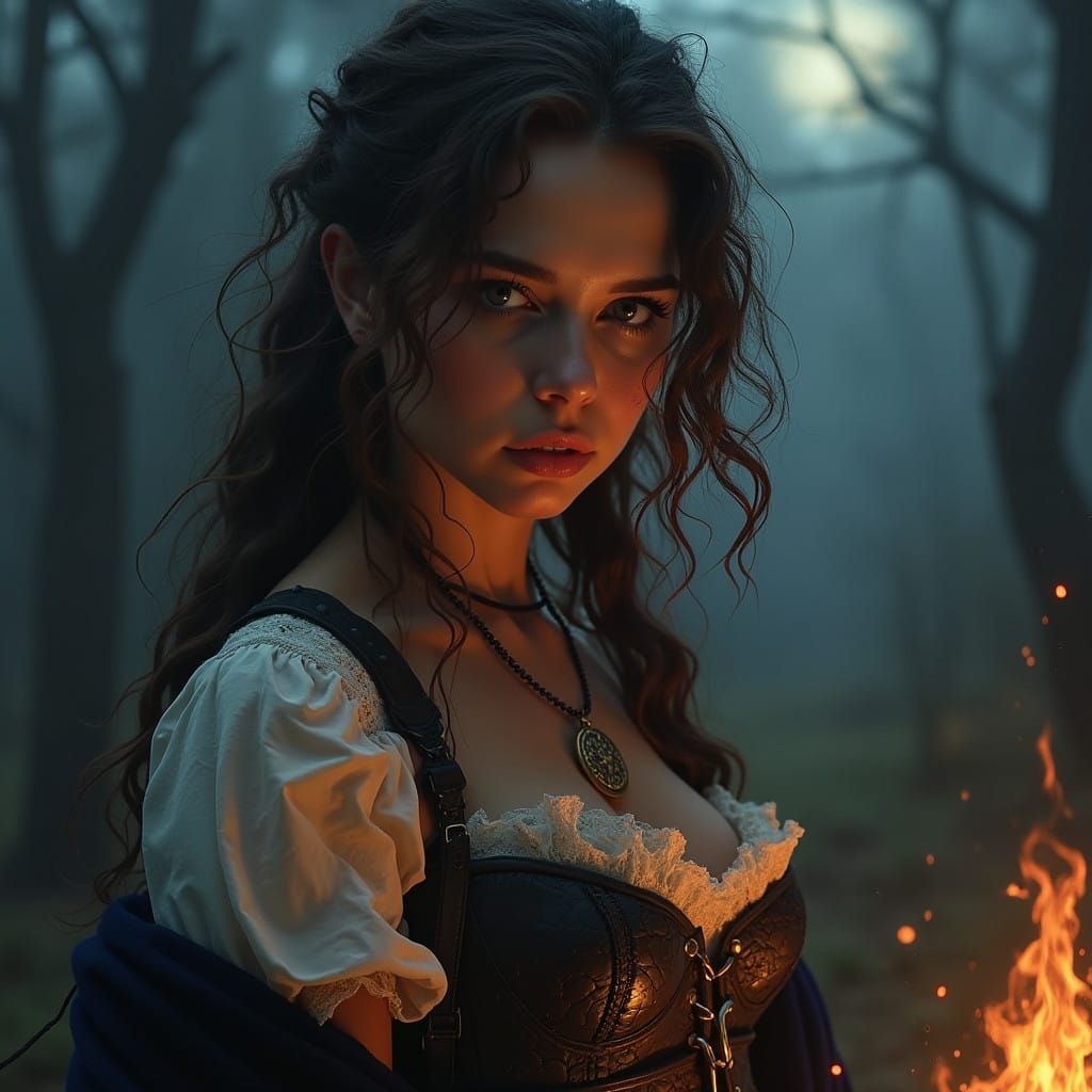 Mysterious Gypsy Woman in Moonlit Shadows