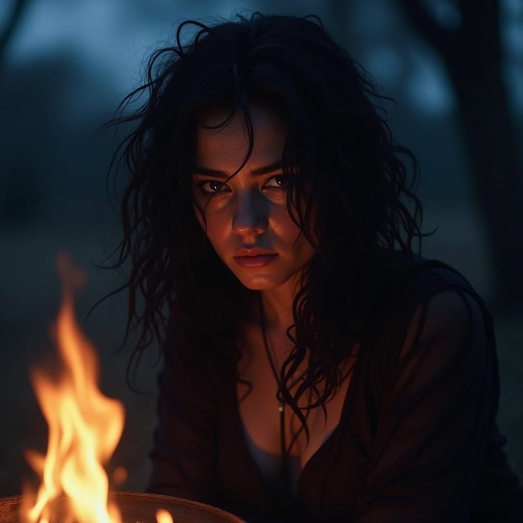 Gypsy Woman in Moonlit Woods