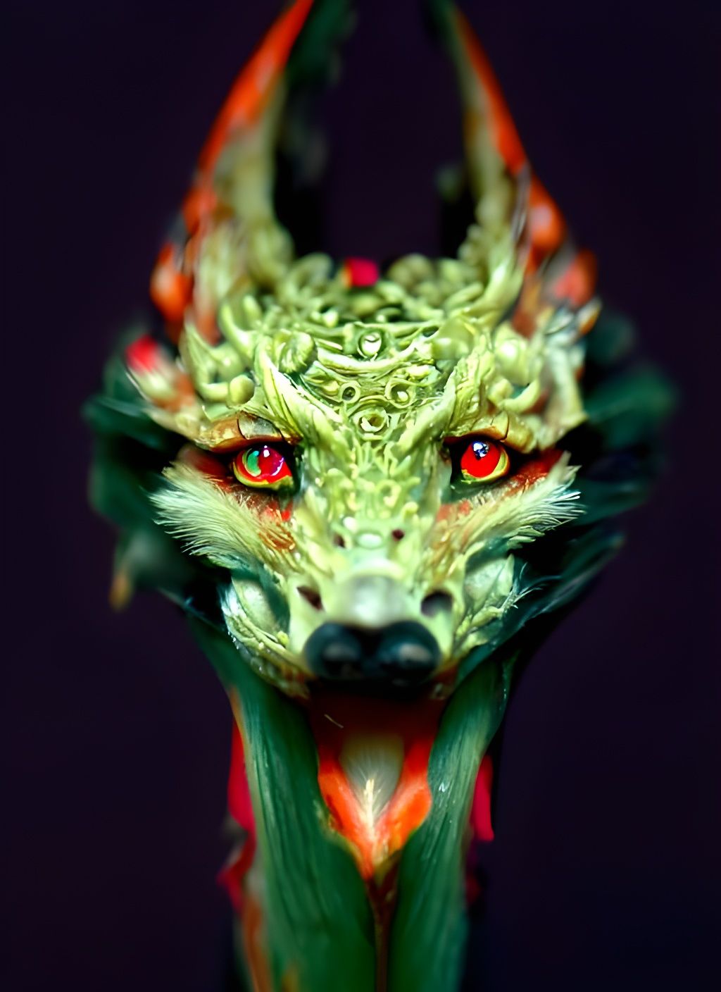Green Scaled Fox-Dragon Head with Red Eyes