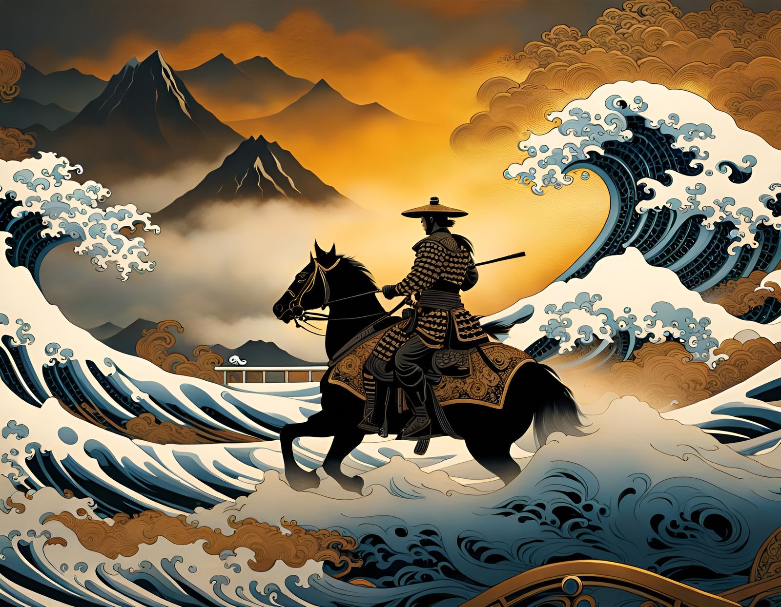 Samurai Steampunk Harley Rides Great Wave in Ukiyo-e Art