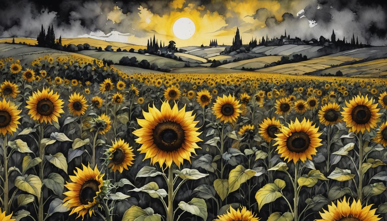 Fantasy Sunflower Fields: Dark Charcoal Watercolor