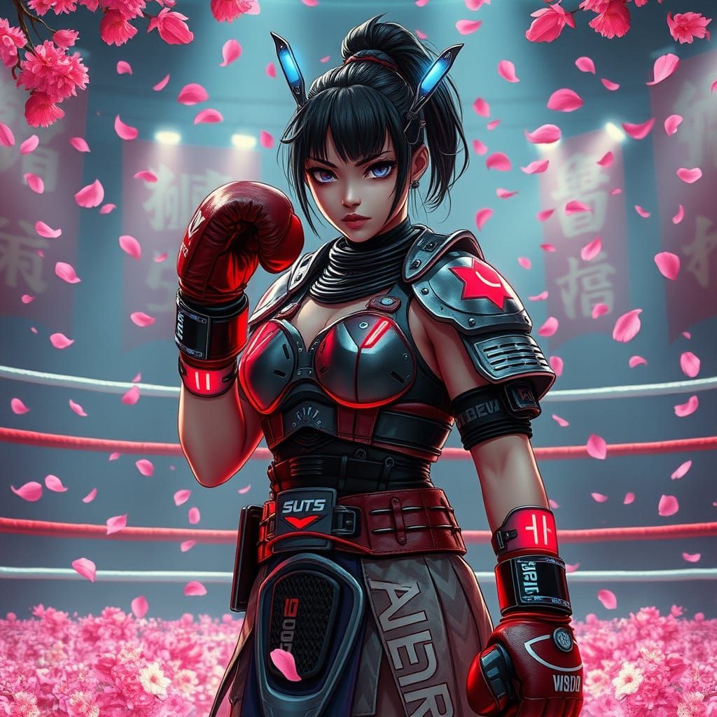 Cyberpunk Samurai Boxer in Cherry Blossom Ring