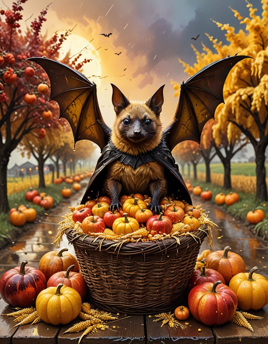Steampunk Bat in Rainbow Dress Amidst Autumn Harvest
