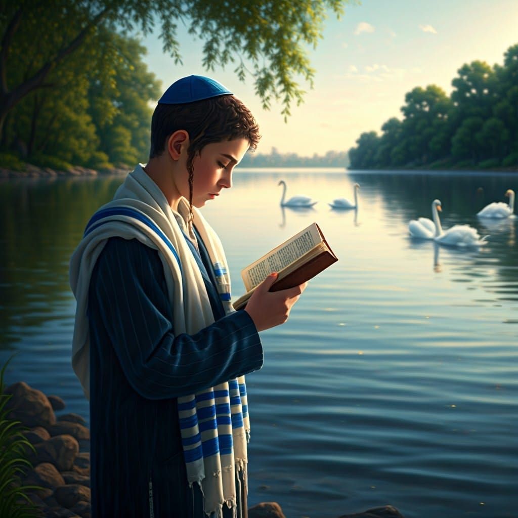 Boy Praying by Lake with Swans