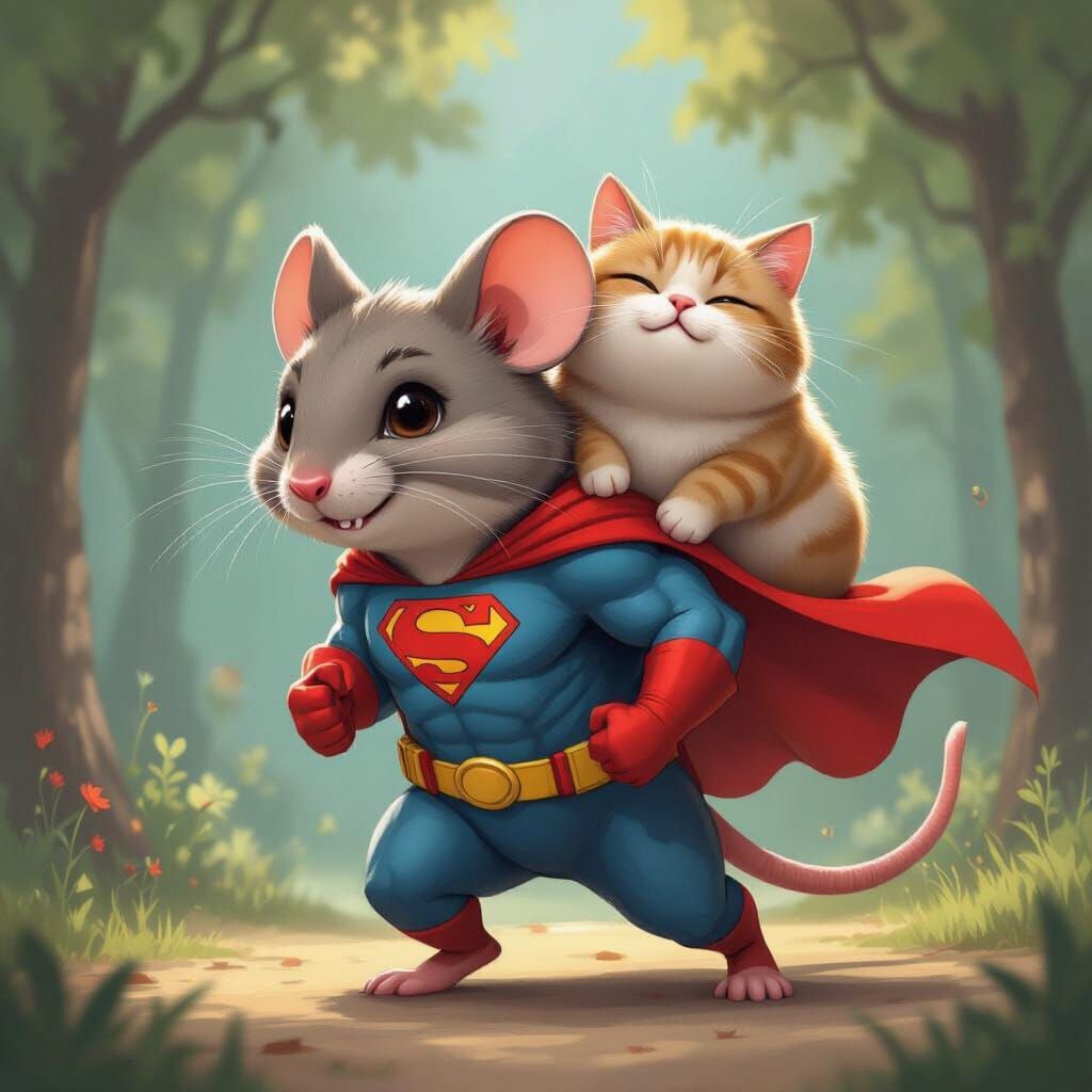 Muscular Mouse Carries Fat Cat in Cartoon Style