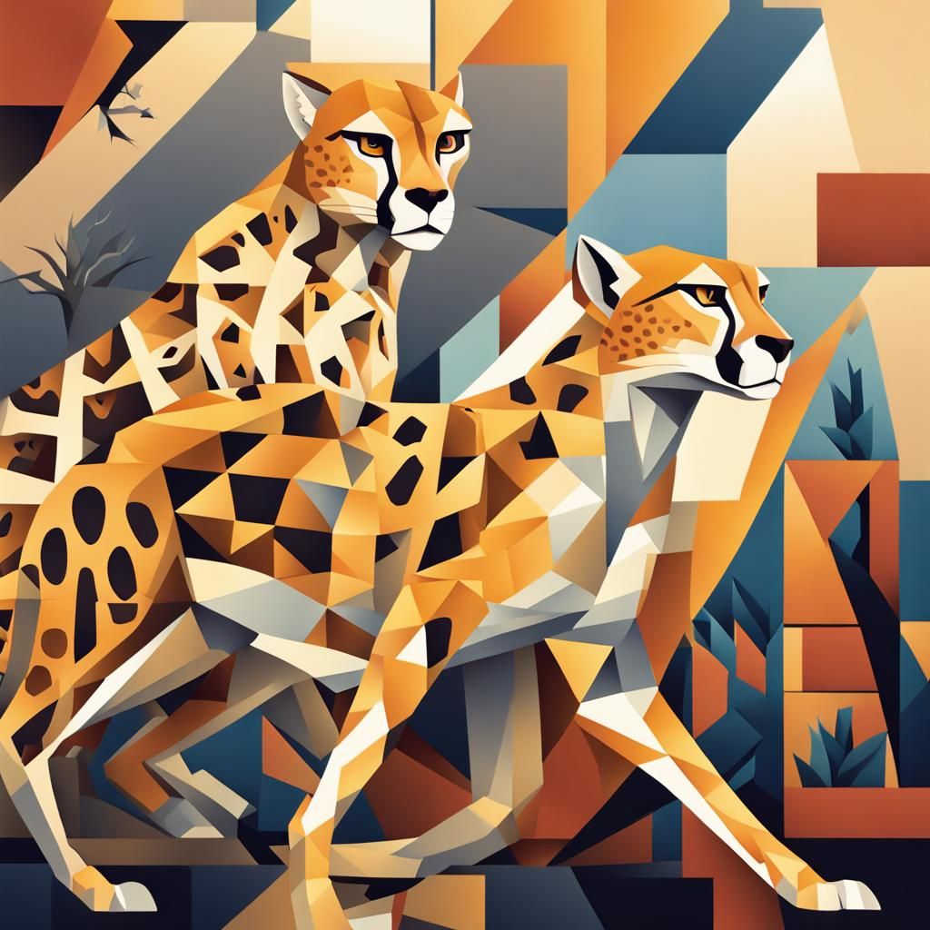 Surreal Cheetah Brothers in Angular Oil Painting