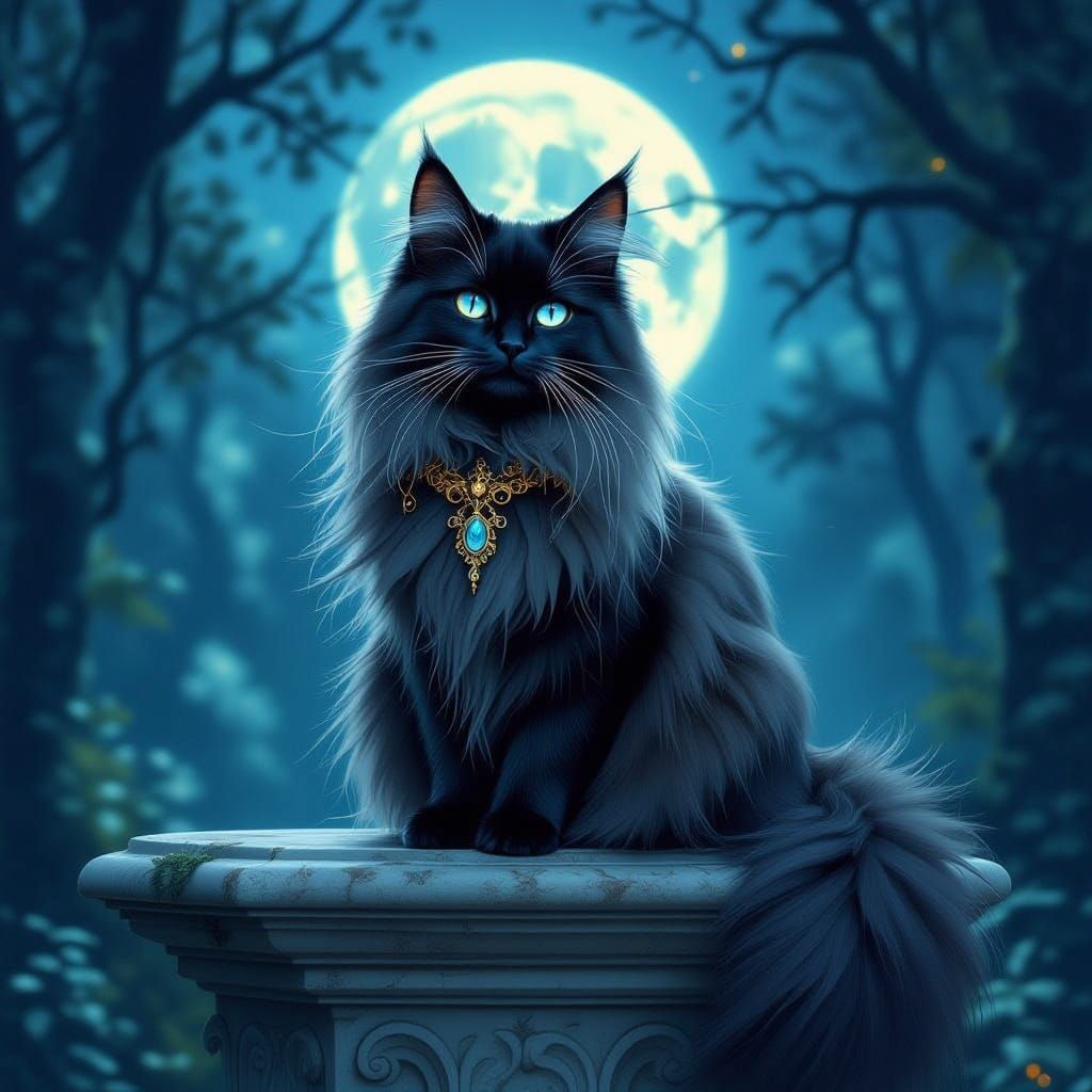 Mystic Cat on Marble Pedestal in Moonlit Forest