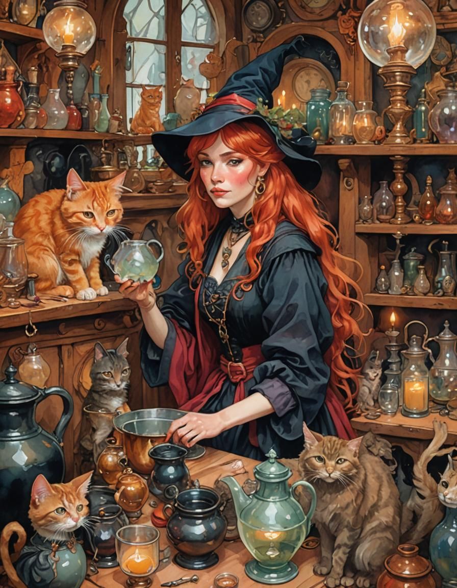 Red-Haired Witch Cottagecore Gouache Illustration