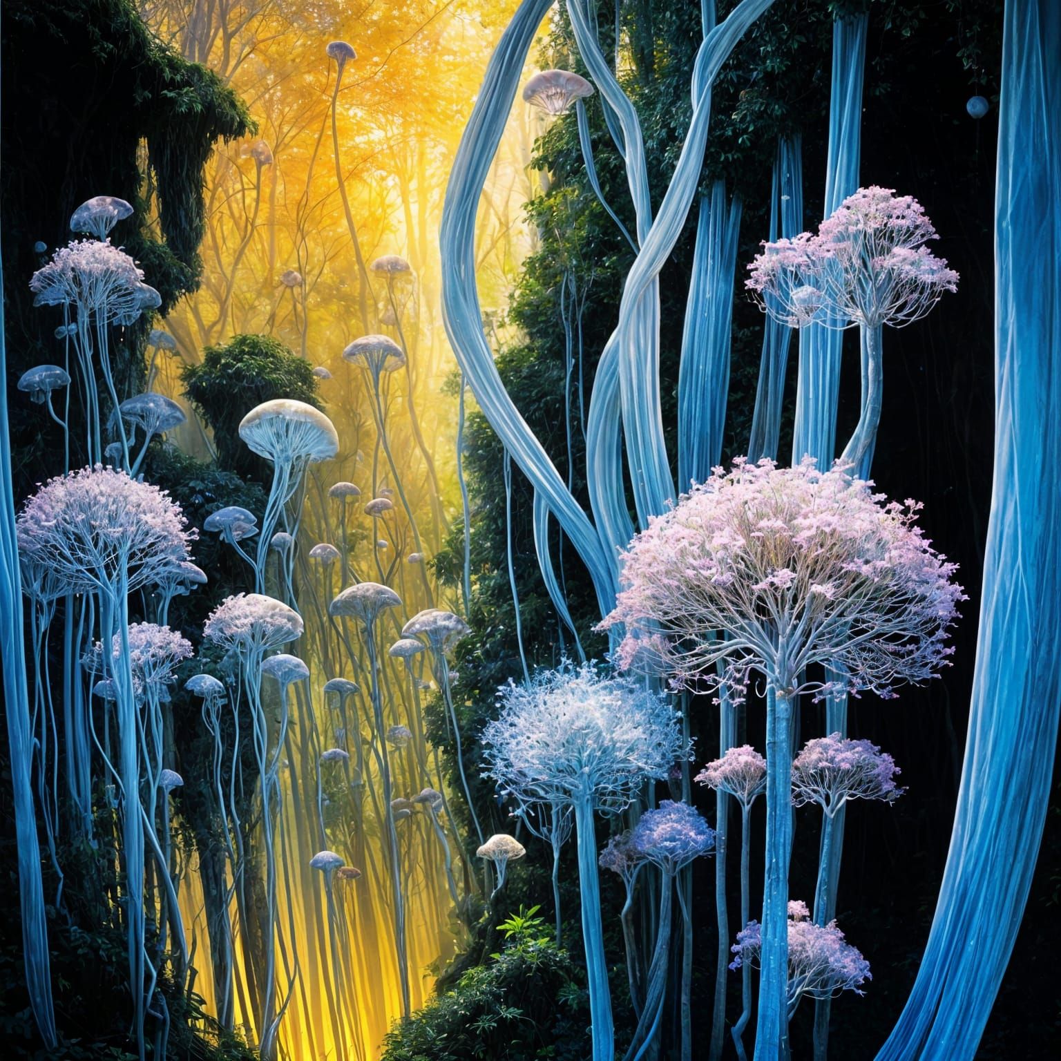 Whimsical Iridescent Forest with Luminous Tree and Crystalli...