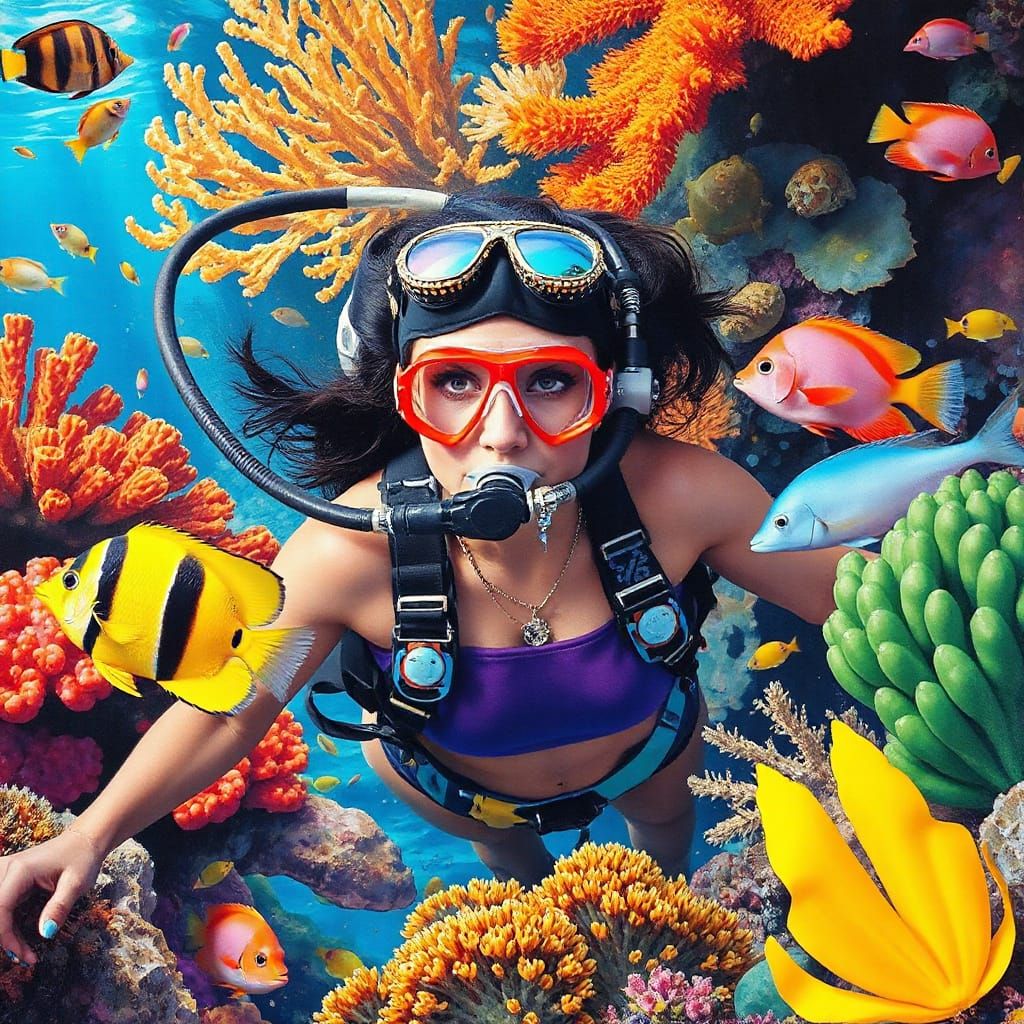 Underwater Paradise with Fashionista Diver in Gouache Style