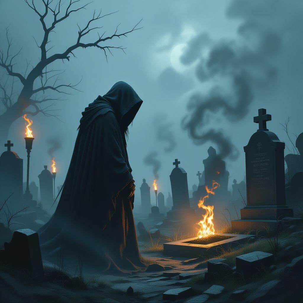 Hooded Figure Guards Misty Graveyard in Concept Art Style