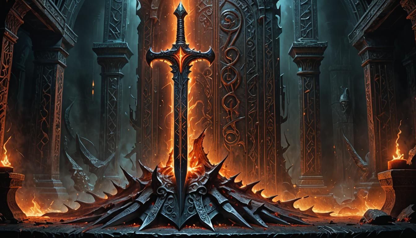 Infernal Sword on Bloody Altar: Fantasy Concept Art