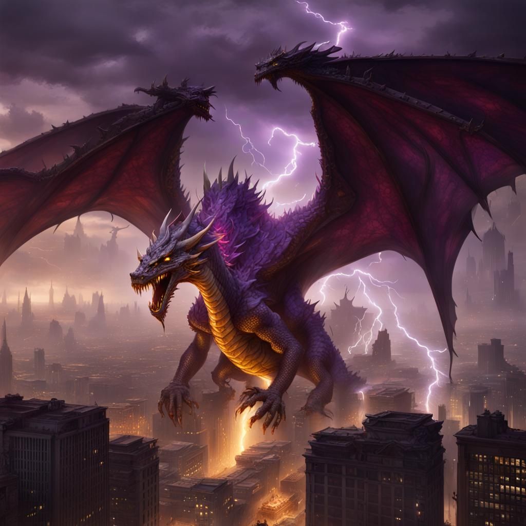 Three-Headed Dragon Destroys City with Lightning