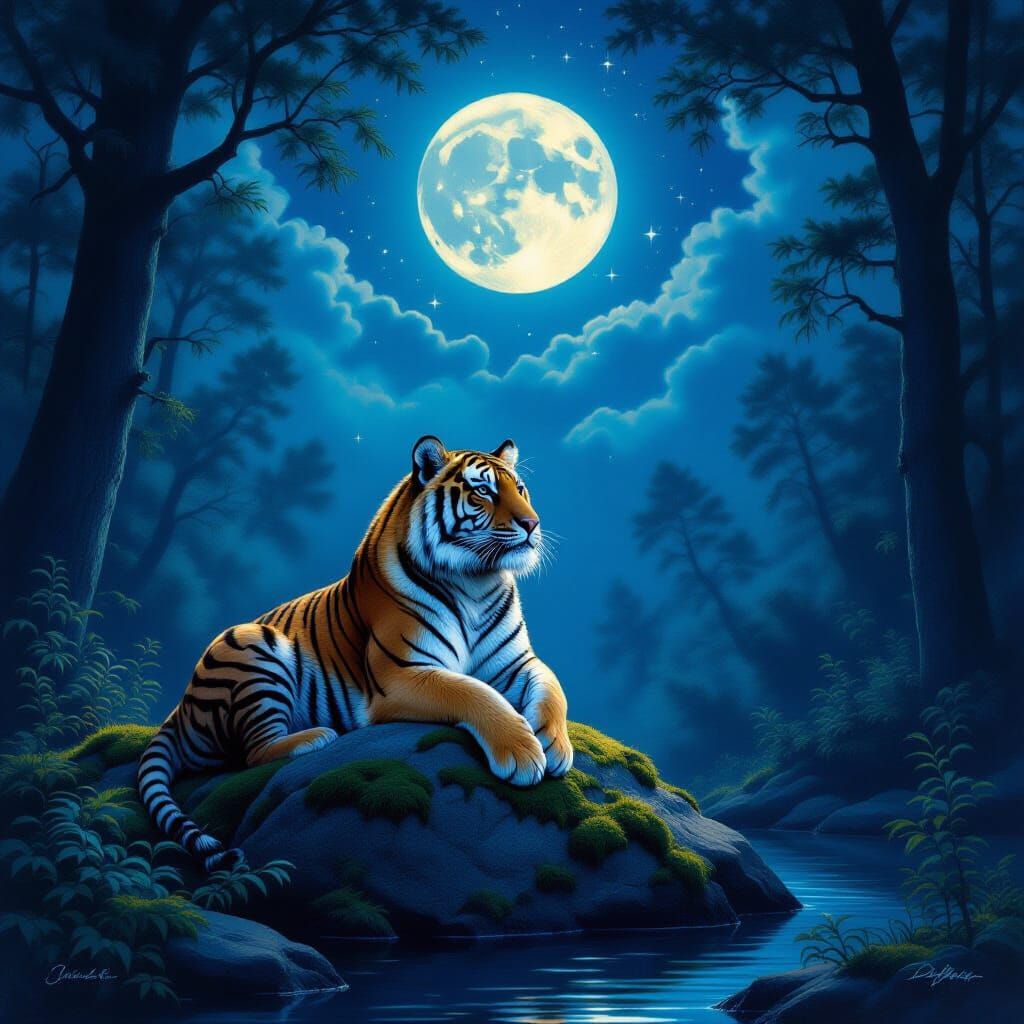 Majestic Tiger Under Full Moon - Hyper-Realistic Forest Scen...