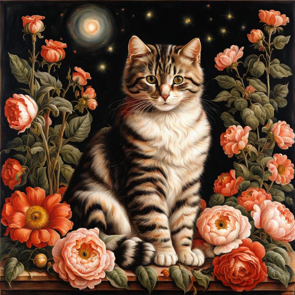 Cute Cat with Flowers in Renaissance Style