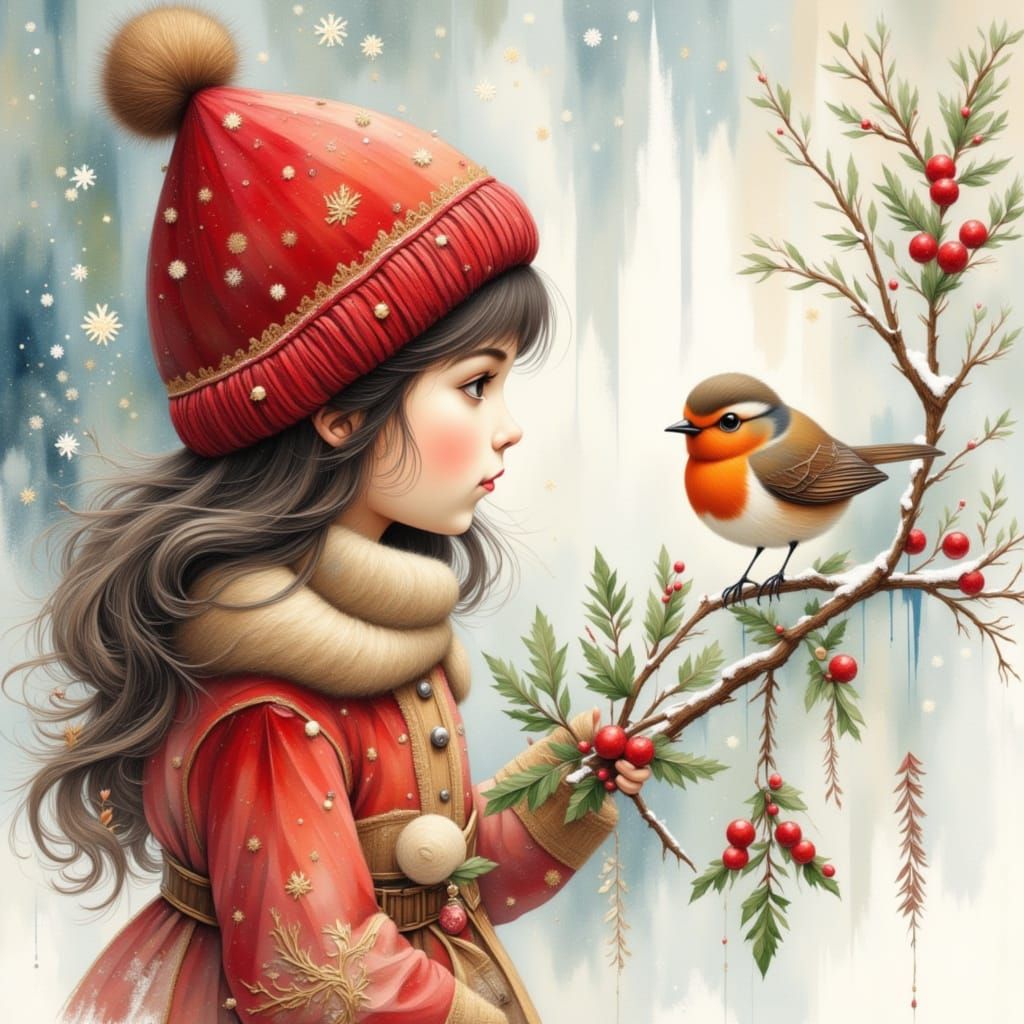 Whimsical Winter Girl and Robin Painting in Aquarelle Style