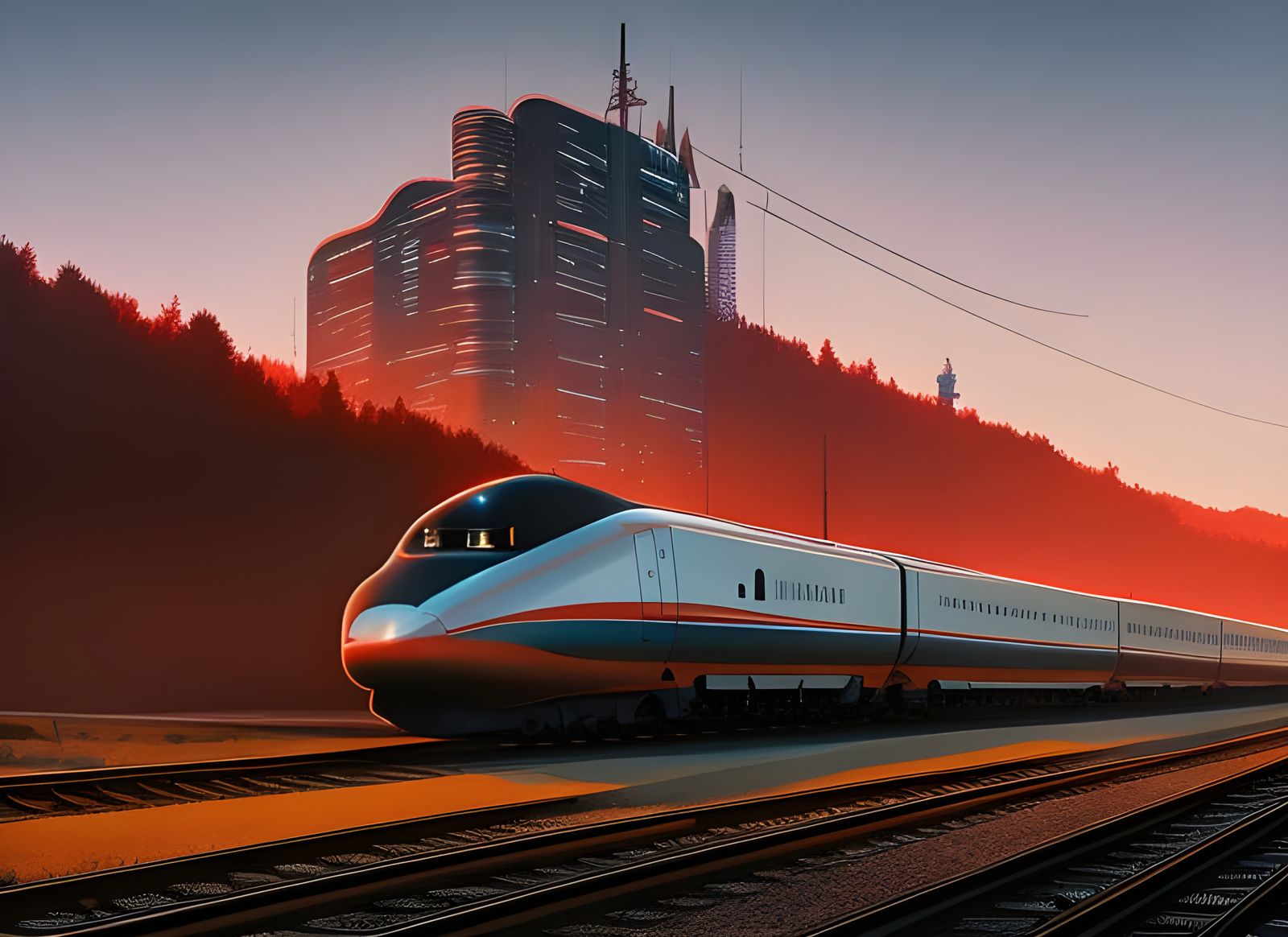 Sci-Fi Bullet Train and Tower under Red Sky