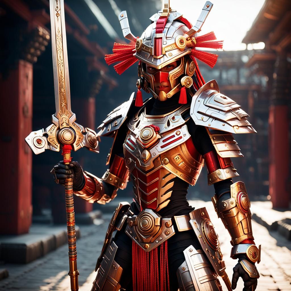 Aztec Swordswoman in Mecha Armor, Unreal Engine Style