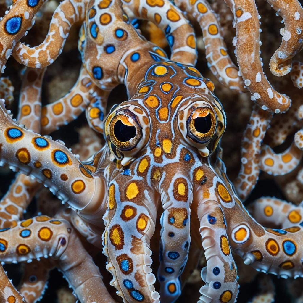 Vibrant Blue-Ringed Octopus Portrait in Aquarium Setting