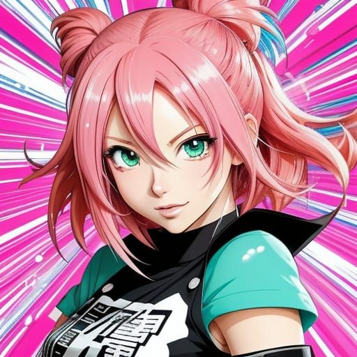 Anime Girl with Pink Hair in Energetic Pose